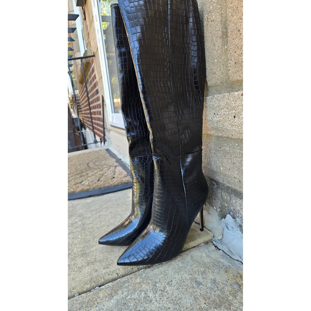 Black Croc Embossed Knee High Stiletto Boots Pointed Toe TEB602 Size 8.5